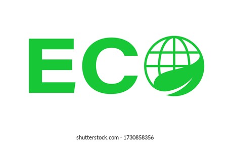 Logotype design element with Eco word and green planet with leaf. isolated vector illustration.