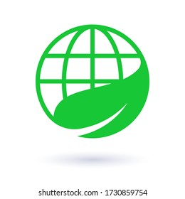 Logotype design element with green planet and leaf. isolated vector illustration. Health, clean environment concept.