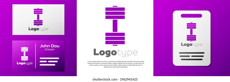 Logotype Dumbbell icon isolated on white background. Muscle lifting icon, fitness barbell, gym, sports equipment, exercise bumbbell. Logo design template element. Vector