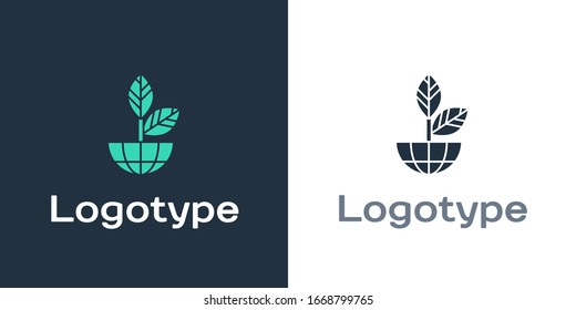 Logotype Earth globe and plant icon isolated on white background. World or Earth sign. Geometric shapes. Environmental concept. Logo design template element. Vector Illustration