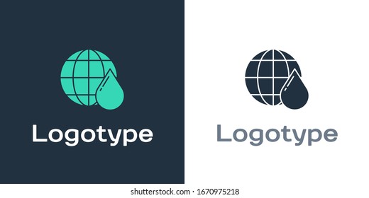 Logotype Earth planet in water drop icon isolated on white background. Saving water and world environmental protection. Logo design template element. Vector Illustration