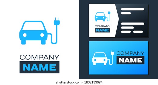 Logotype Electric car and electrical cable plug charging icon isolated on white background. Electric car charging sign. Renewable eco technologies. Logo design template element. Vector.