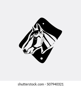 Logotype, emblem, sign, symbol, insignia of horse head. Stencil, linocut, engraving style. Monochrome, black and white.