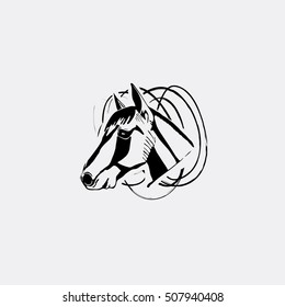 Logotype, emblem, sign, symbol, insignia of horse head. Stencil, linocut, engraving style. Monochrome, black and white.