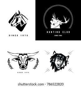 Logotype, emblem, sign, symbol, insignia of horse, deer, bull, bear, boar head. Stencil, linocut, engraving style. Monochrome, black and white.