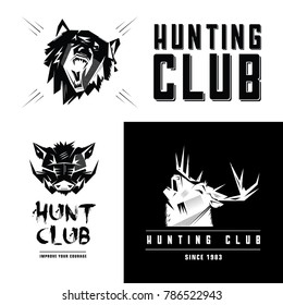 Logotype, emblem, sign, symbol, insignia of horse, deer, bull, bear, boar head. Stencil, linocut, engraving style. Monochrome, black and white.