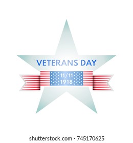 Logotype, emblem of the Veterans Day of the United States in the form of a star and ribbon with elements of a flag
