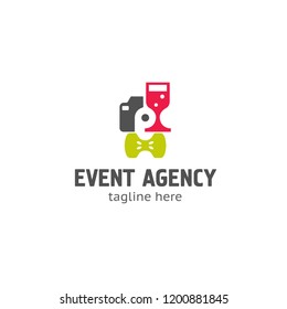 Logotype event agency, logo vector for shop, store, agency, party organization, glass of champagne, camera, bow, celebration,
