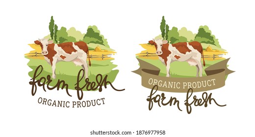 Logotype for farm milk. Vector illustration, fields and meadows with cow, set dairy label.	