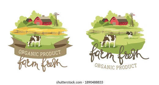 Logotype for farm product. Vector illustration, fields and meadows with cows and farm houses.