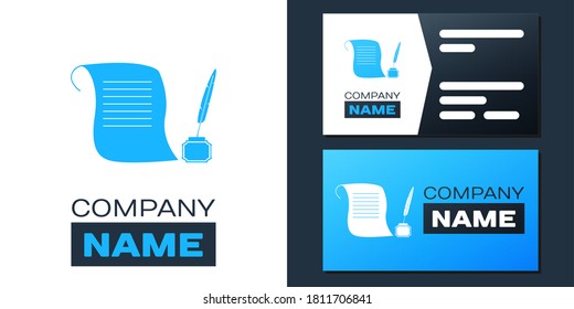 Logotype Feather in the inkwell and paper scroll icon isolated on white background. Logo design template element. Vector.