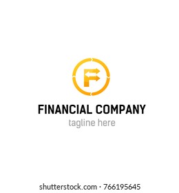 Logotipo de la empresa financiera, logotipo de monedas de Vector y dinero, letra F