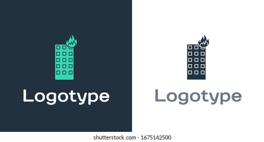 Logotipo Fuego en el edificio quemado en el icono de la calle de la ciudad aislado en fondo blanco. Elemento de plantilla de diseño del logotipo.  Ilustración vectorial