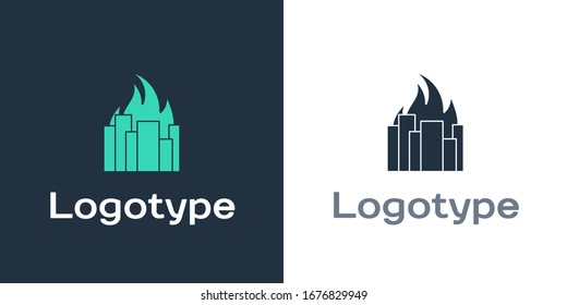 Logotype Feuer in brennenden Gebäuden auf der Straße Symbol einzeln auf weißem Hintergrund. Zerstörte Stadt in Brand. Logo-Design-Element. Vektorillustration-Illustration