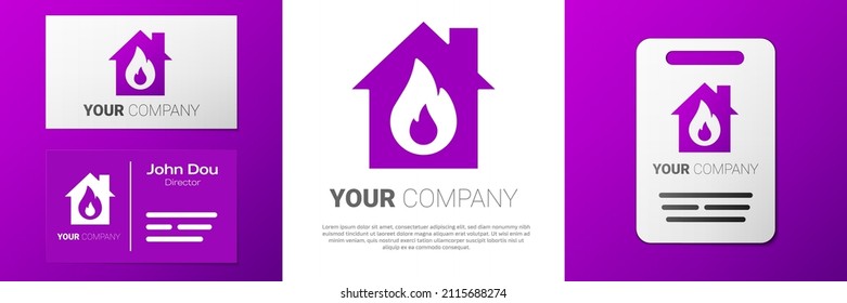 Logotype Fire in burning house icon isolated on white background. Logo design template element. Vector