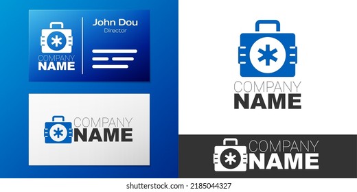Logotype First aid kit icon isolated on white background. Medical box with cross. Medical equipment for emergency. Healthcare concept. Logo design template element. Vector