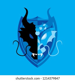 Logotype in the form of a shield with a blue dragon head on blue background