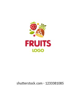 Logotype fruits, logo vector organic products, strawberries, pineapple, leaflets, delivery, useful