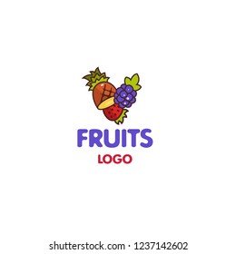 Logotype fruits, logo vector organic products, strawberries, pineapple, grape, berry, delivery, useful