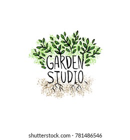 Logotype of a garden studio in a bush with leaves.