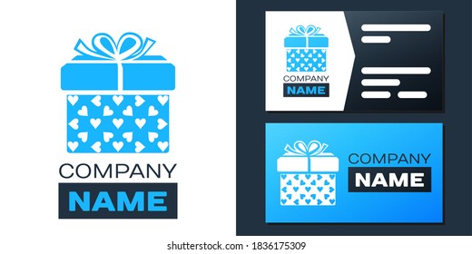 Logotype Gift box and heart icon isolated on white background. Packaging Valentine's Day. Beautiful festive box tied with ribbon and bow on top. Logo design template element. Vector.