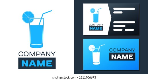Logotype Glass of juice icon isolated on white background. Orange slice and tube for drinking. Healthy organic food. Logo design template element. Vector.