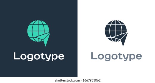 Logotype Globe with flying plane icon isolated on white background. Airplane fly around the planet earth. Aircraft world icon. Logo design template element. Vector Illustration