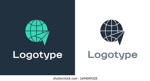 Logotype Globe with flying plane icon isolated on white background. Airplane fly around the planet earth. Aircraft world icon. Logo design template element. Vector Illustration