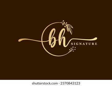 logotype goldene Unterschrift, Initial-Bh-Logo-Design einzeln auf Blatt und Blume