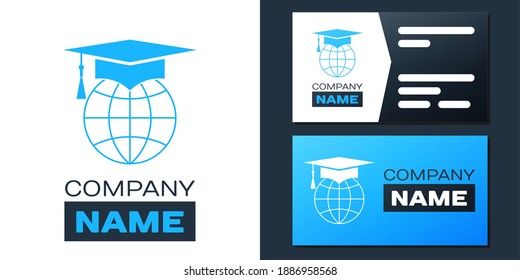 Logotype Graduation cap on globe icon isolated on white background. World education symbol. Online learning or e-learning concept. Logo design template element. Vector.