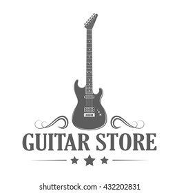 Logotype of guitar store on white background. Music shop label in retro style. Monochrome vector illustration for advertising or window signage.