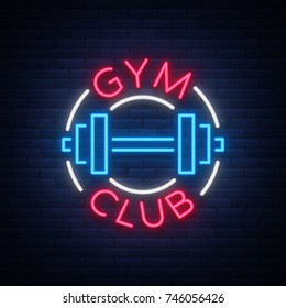 Logotype gym sign in neon style isolated vector illustration. A glowing sign, a nightly bright neon advertisement of the gym, fitness club, sports club and for your other projects
