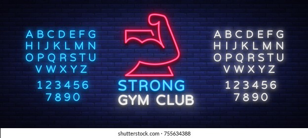 Logotype gym sign in neon style isolated vector illustration. A glowing sign, a nightly bright neon advertisement of the gym, fitness club, sports club. Editing text neon sign.