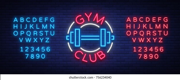 Logotype gym sign in neon style isolated vector illustration. A glowing sign, a nightly bright neon advertisement of the gym, fitness club, sports club. Editing text neon sign.