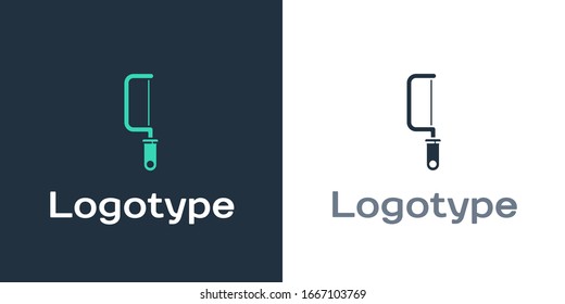 Logotype Hacksaw icon isolated on white background. Metal saw for wood and metal. Logo design template element. Vector Illustration