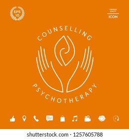 Logotype - hands support  two hemispheres of the brain, two leaves, two spirals, fire tongues - a symbol of interaction, clarity, psychological assistance and support.