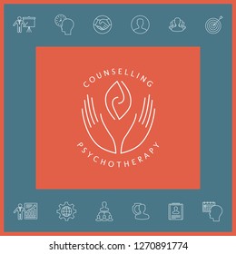 Logotype - hands support  two hemispheres of the brain, two leaves, two spirals, fire tongues - a symbol of interaction, clarity, psychological assistance and support.