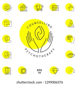 Logotype - hands support  two hemispheres of the brain, two leaves, two spirals, fire tongues - a symbol of interaction, clarity, psychological assistance and support.