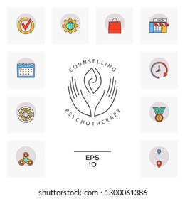 Logotype - hands support  two hemispheres of the brain, two leaves, two spirals, fire tongues - a symbol of interaction, clarity, psychological assistance and support.