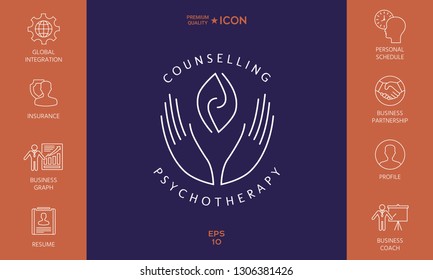 Logotype - hands support  two hemispheres of the brain, two leaves, two spirals, fire tongues - a symbol of interaction, clarity, psychological assistance and support.