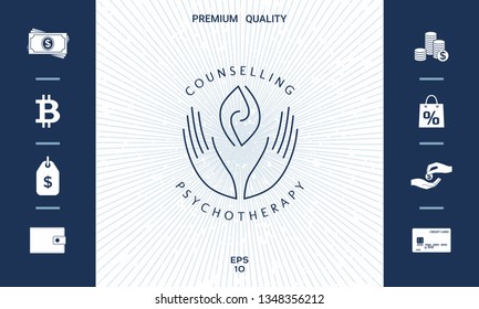 Logotype - hands support  two hemispheres of the brain, two leaves, two spirals, fire tongues - a symbol of interaction, clarity, psychological assistance and support.