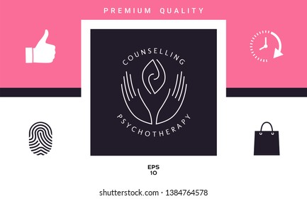 Logotype - hands support  two hemispheres of the brain, two leaves, two spirals, fire tongues - a symbol of interaction, clarity, psychological assistance and support.