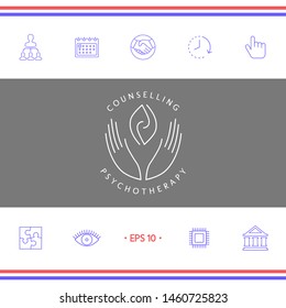 Logotype - hands support two hemispheres of the brain, two leaves, two spirals, fire tongues - a symbol of interaction, clarity, psychological assistance and support.