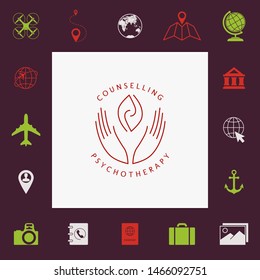 Logotype - hands support two hemispheres of the brain, two leaves, two spirals, fire tongues - a symbol of interaction, clarity, psychological assistance and support.