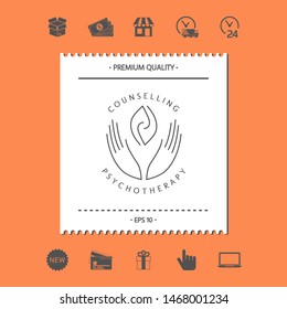 Logotype - hands support two hemispheres of the brain, two leaves, two spirals, fire tongues - a symbol of interaction, clarity, psychological assistance and support.