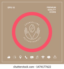 Logotype - hands support two hemispheres of the brain, two leaves, two spirals, fire tongues - a symbol of interaction, clarity, psychological assistance and support.