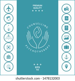 Logotype - hands support two hemispheres of the brain, two leaves, two spirals, fire tongues - a symbol of interaction, clarity, psychological assistance and support.