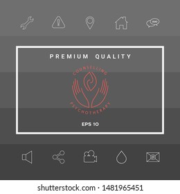 Logotype - hands support two hemispheres of the brain, two leaves, two spirals, fire tongues - a symbol of interaction, clarity, psychological assistance and support.