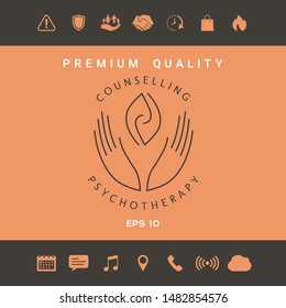Logotype - hands support two hemispheres of the brain, two leaves, two spirals, fire tongues - a symbol of interaction, clarity, psychological assistance and support.