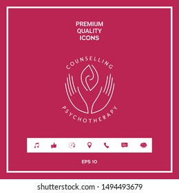 Logotype - hands support two hemispheres of the brain, two leaves, two spirals, fire tongues - a symbol of interaction, clarity, psychological assistance and support.